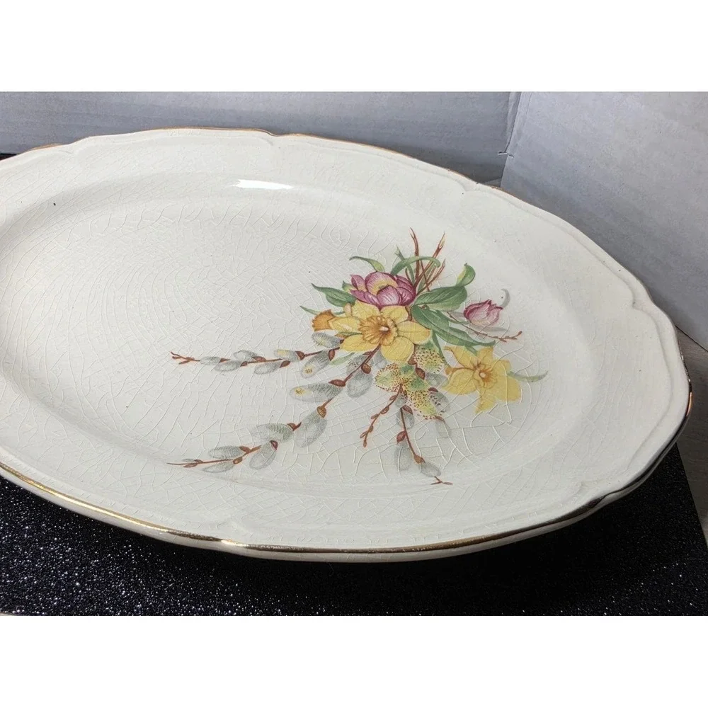Vintage Floral Ceramic Oval Serving Platter Daffodils Tulips Gold Rim 11.5in